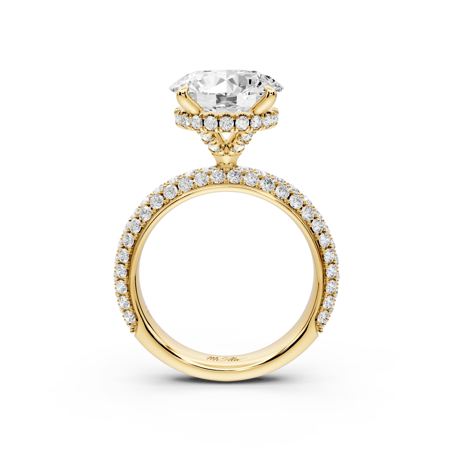 Evelina - 4ct 18k yellow gold round wrap around Halo Rollover Pavé Diamond Crown Engagement Ring - Mr. Alex Jewelry