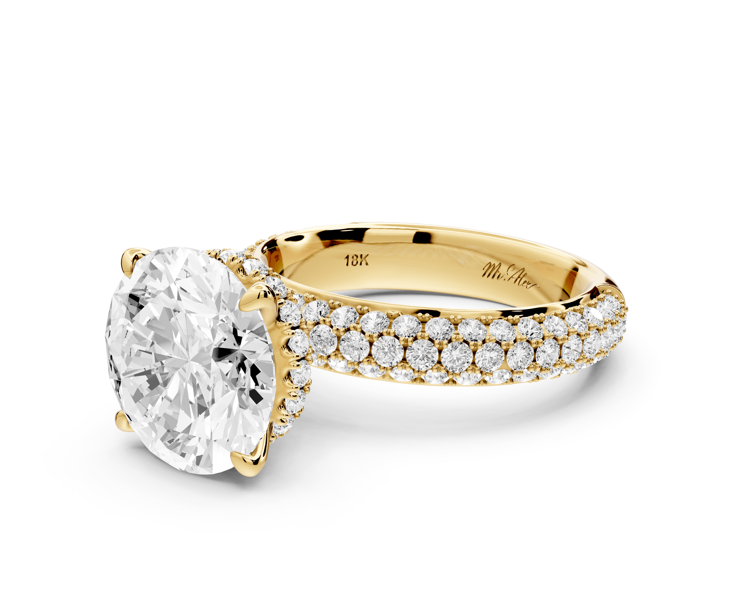 Evelina - 4ct 18k yellow gold round wrap around Halo Rollover Pavé Diamond Crown Engagement Ring - Mr. Alex Jewelry