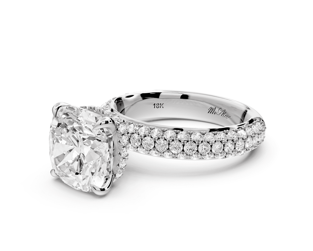 Evelina - 4ct platinum cushion wrap around Halo Rollover Pavé Diamond Crown Engagement Ring - Mr. Alex Jewelry