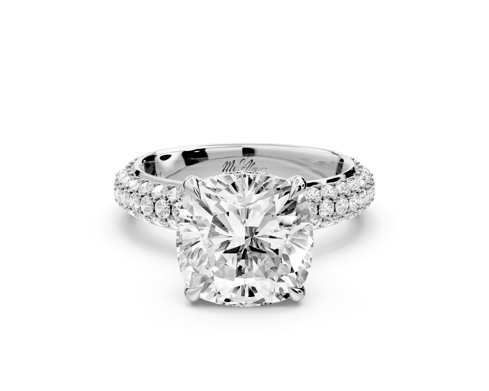 Evelina - 4ct platinum cushion wrap around Halo Rollover Pavé Diamond Crown Engagement Ring - Mr. Alex Jewelry