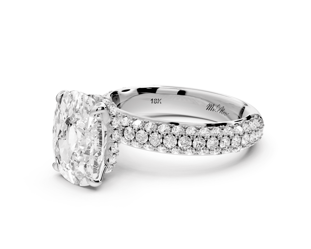Evelina - 4ct platinum ecushion wrap around Halo Rollover Pavé Diamond Crown Engagement Ring - Mr. Alex Jewelry