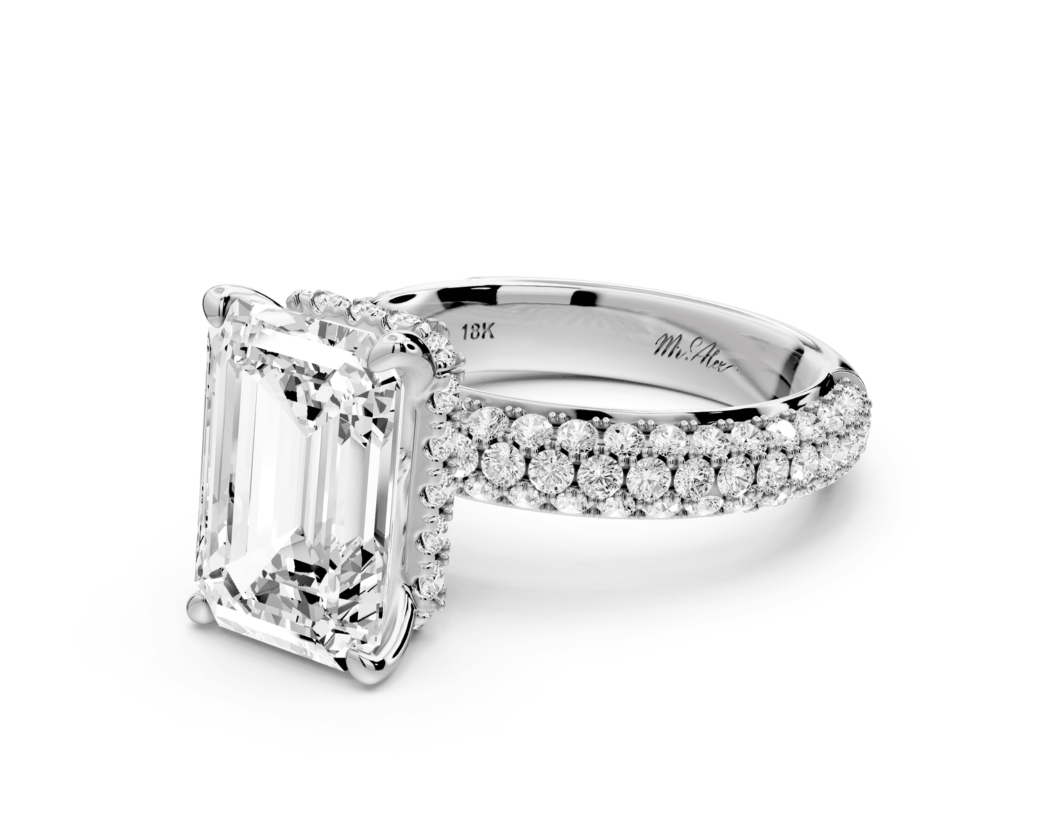 Evelina - 4ct platinum emerald wrap around Halo Rollover Pavé Diamond Crown Engagement Ring - Mr. Alex Jewelry