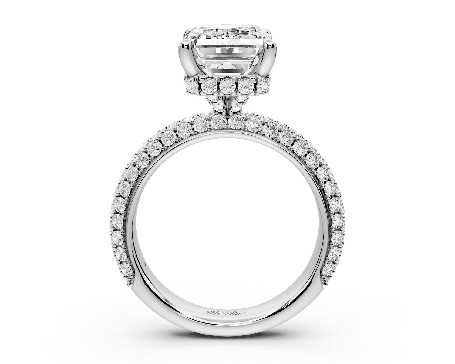 Evelina - 4ct platinum emerald wrap around Halo Rollover Pavé Diamond Crown Engagement Ring - Mr. Alex Jewelry