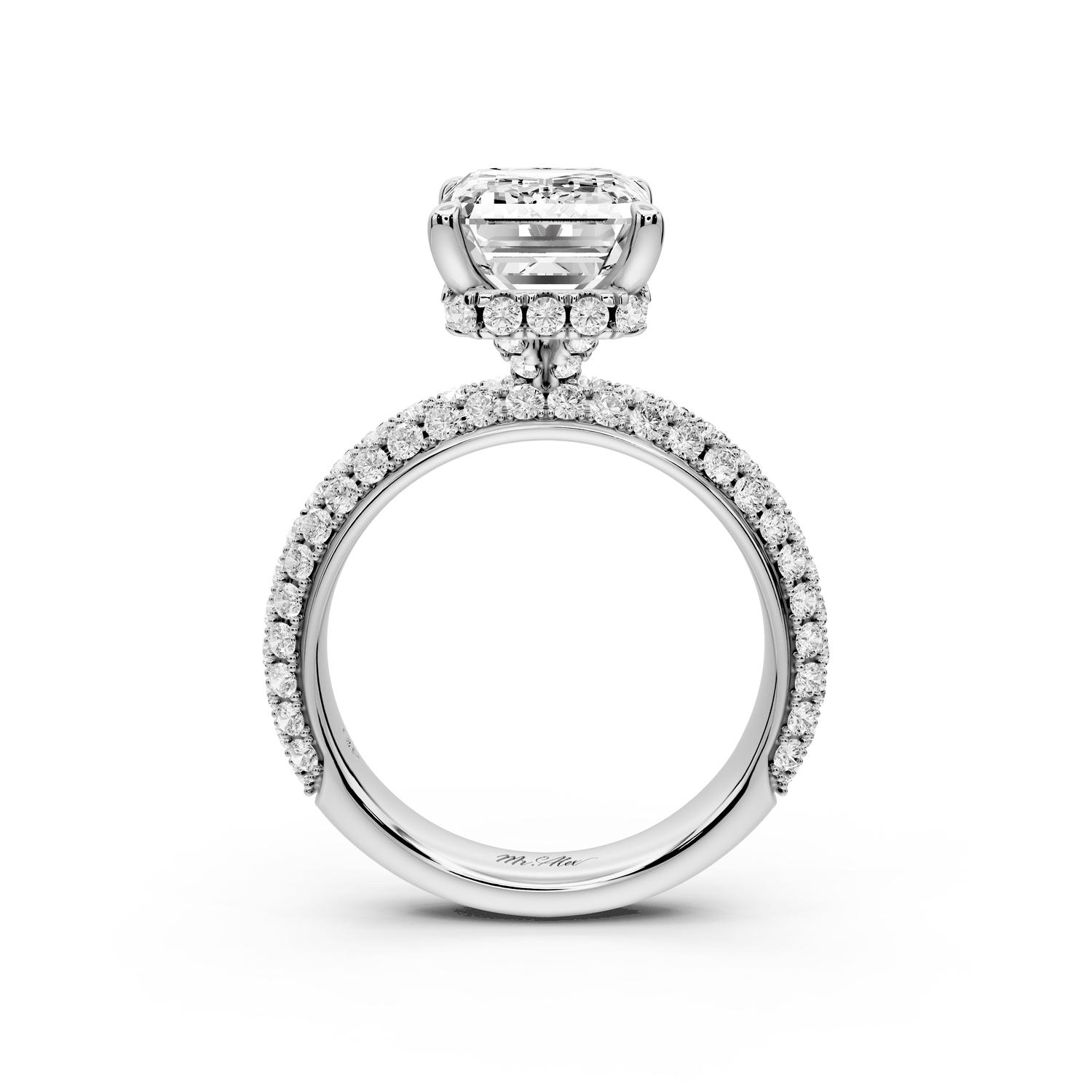 Evelina - 4ct platinum emerald wrap around Halo Rollover Pavé Diamond Crown Engagement Ring - Mr. Alex Jewelry