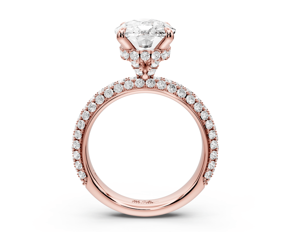 Evelina - 5ct 14k rose gold ecushion wrap around Halo Rollover Pavé Diamond Crown Engagement Ring - Mr. Alex Jewelry