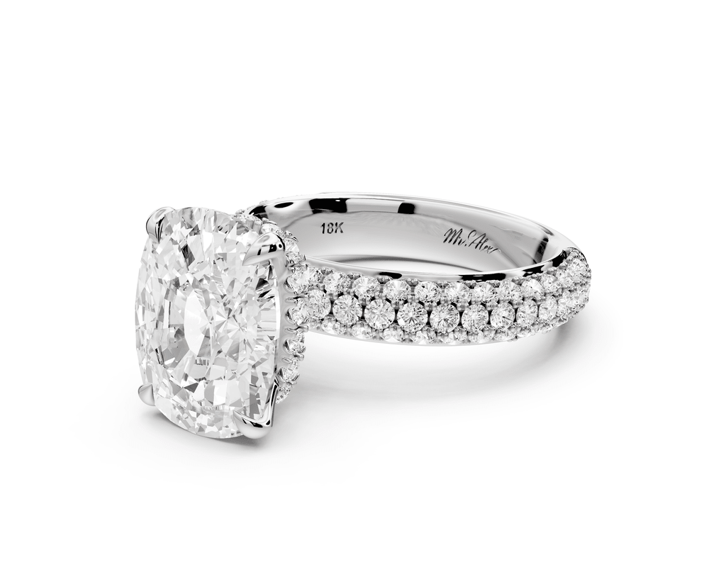 Evelina - 5ct 14k white gold ecushion wrap around Halo Rollover Pavé Diamond Crown Engagement Ring - Mr. Alex Jewelry