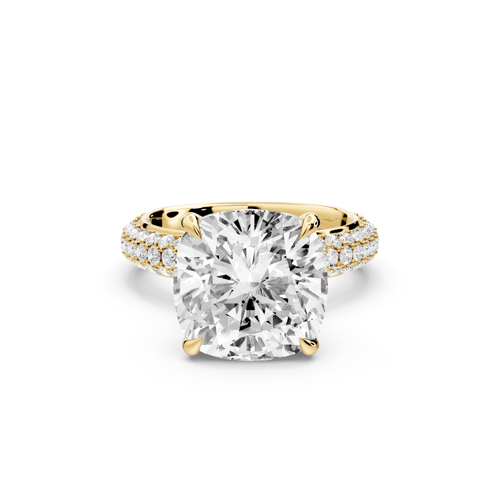 Evelina - 5ct 14k yellow gold cushion wrap around Halo Rollover Pavé Diamond Crown Engagement Ring - Mr. Alex Jewelry