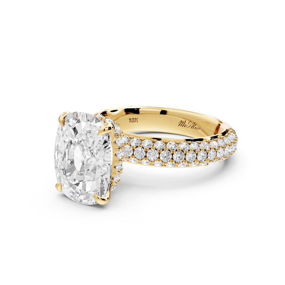Evelina - 5ct 14k yellow gold ecushion wrap around Halo Rollover Pavé Diamond Crown Engagement Ring - Mr. Alex Jewelry