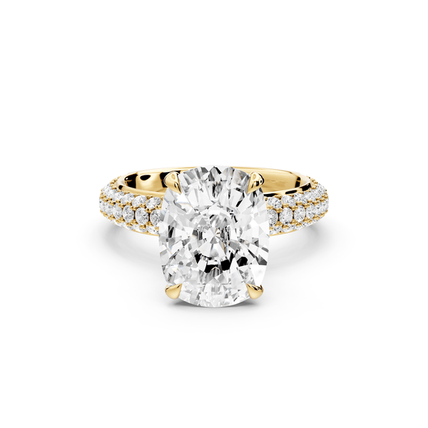 Evelina - 5ct 14k yellow gold ecushion wrap around Halo Rollover Pavé Diamond Crown Engagement Ring - Mr. Alex Jewelry