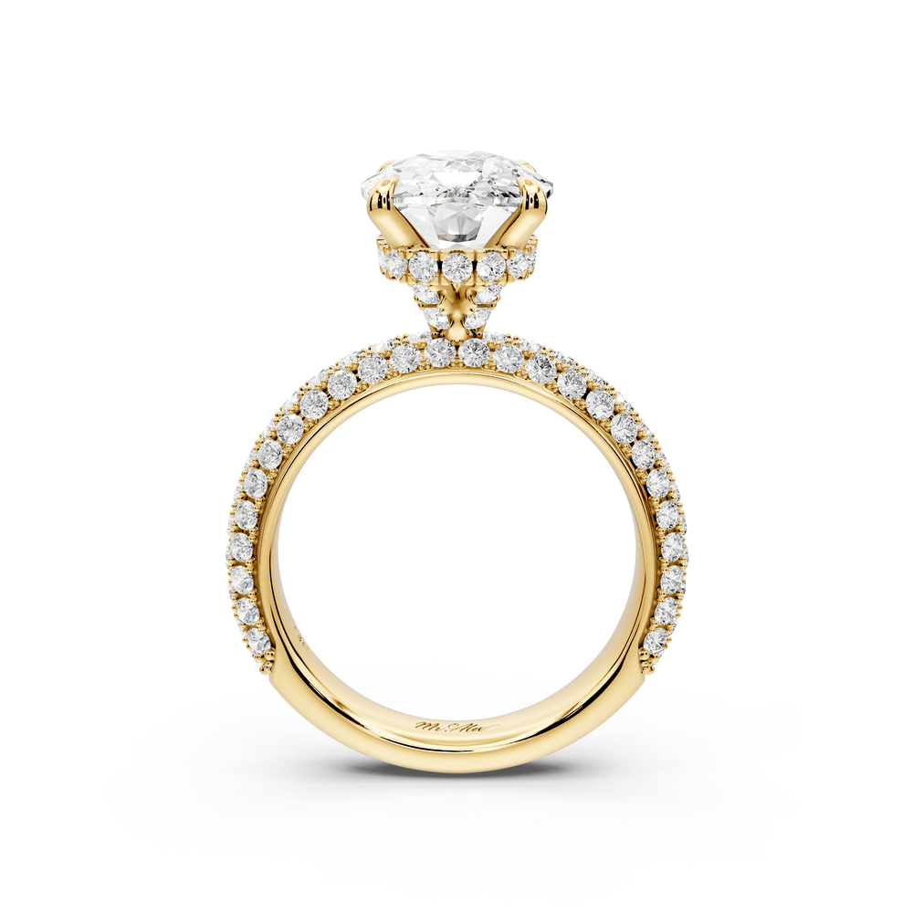 Evelina - 5ct 14k yellow gold ecushion wrap around Halo Rollover Pavé Diamond Crown Engagement Ring - Mr. Alex Jewelry