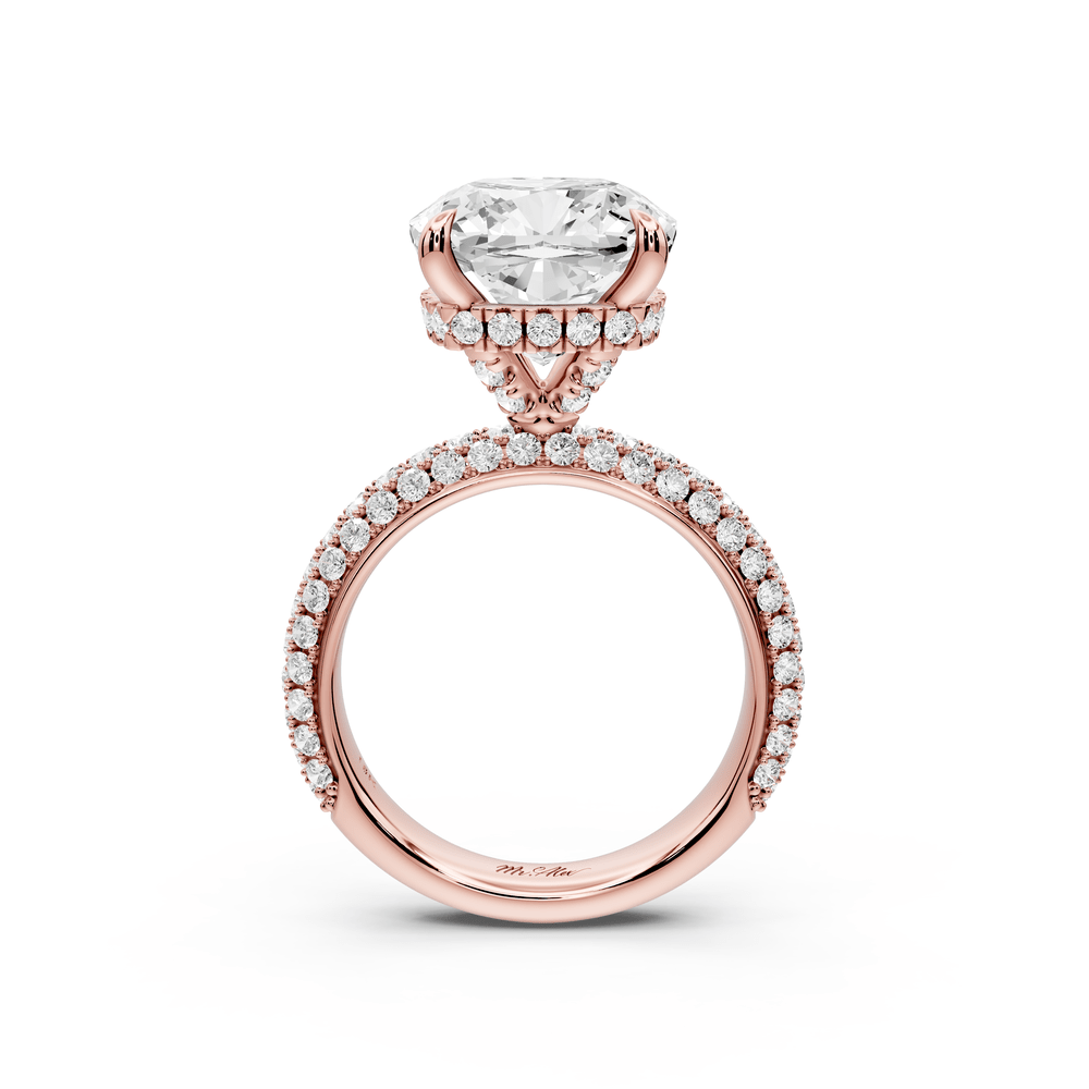 Evelina - 5ct 18k rose gold cushion wrap around Halo Rollover Pavé Diamond Crown Engagement Ring - Mr. Alex Jewelry