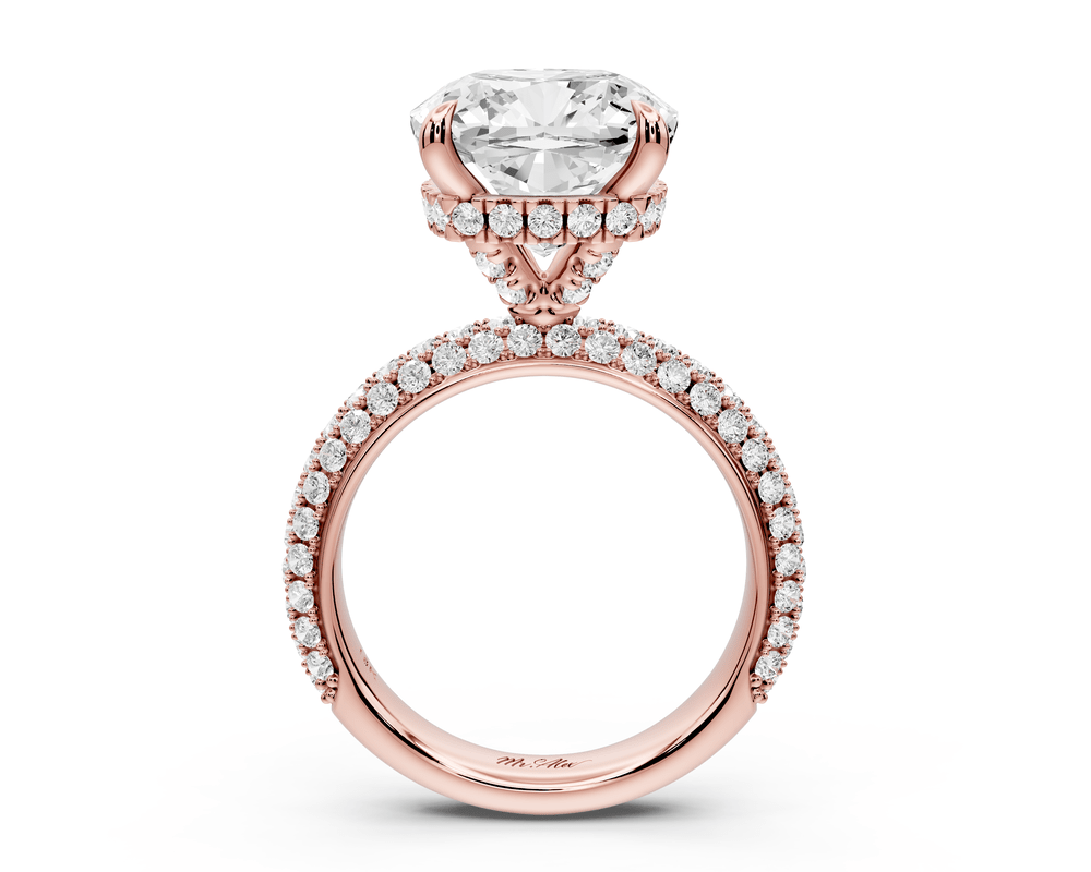 Evelina - 5ct 18k rose gold cushion wrap around Halo Rollover Pavé Diamond Crown Engagement Ring - Mr. Alex Jewelry