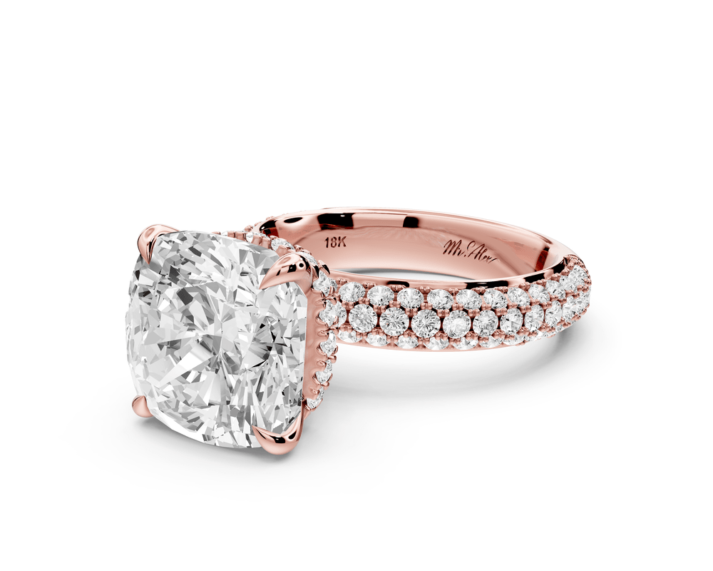 Evelina - 5ct 18k rose gold cushion wrap around Halo Rollover Pavé Diamond Crown Engagement Ring - Mr. Alex Jewelry