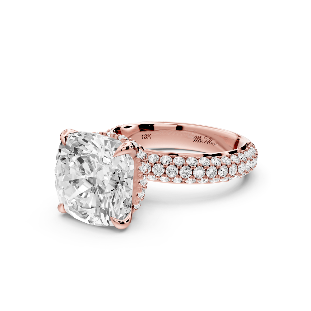 Evelina - 5ct 18k rose gold cushion wrap around Halo Rollover Pavé Diamond Crown Engagement Ring - Mr. Alex Jewelry