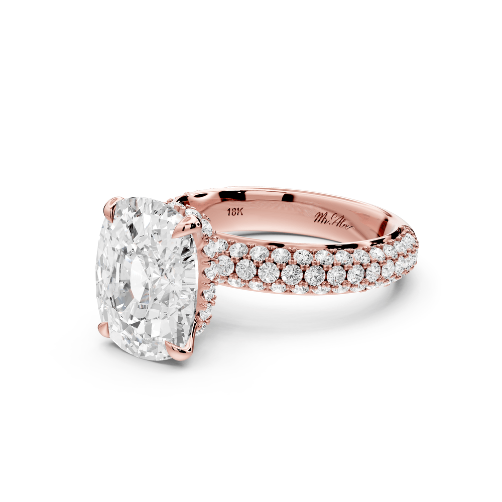 Evelina - 5ct 18k rose gold ecushion wrap around Halo Rollover Pavé Diamond Crown Engagement Ring - Mr. Alex Jewelry