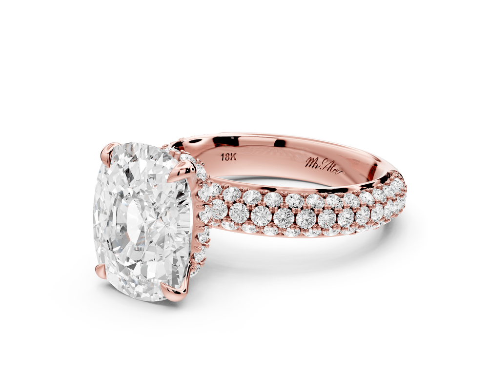 Evelina - 5ct 18k rose gold ecushion wrap around Halo Rollover Pavé Diamond Crown Engagement Ring - Mr. Alex Jewelry