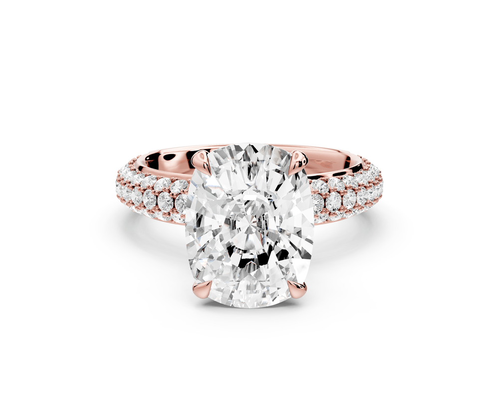 Evelina - 5ct 18k rose gold ecushion wrap around Halo Rollover Pavé Diamond Crown Engagement Ring - Mr. Alex Jewelry