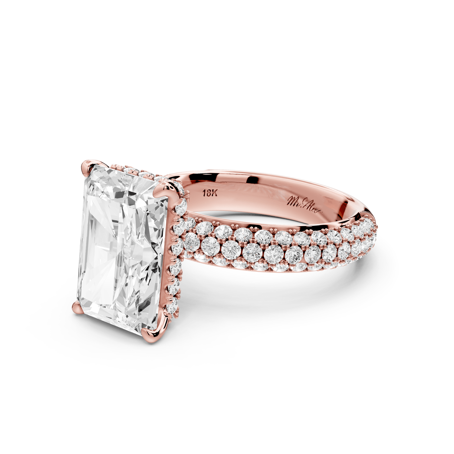 Evelina - 5ct 18k rose gold emerald wrap around Halo Rollover Pavé Diamond Crown Engagement Ring - Mr. Alex Jewelry