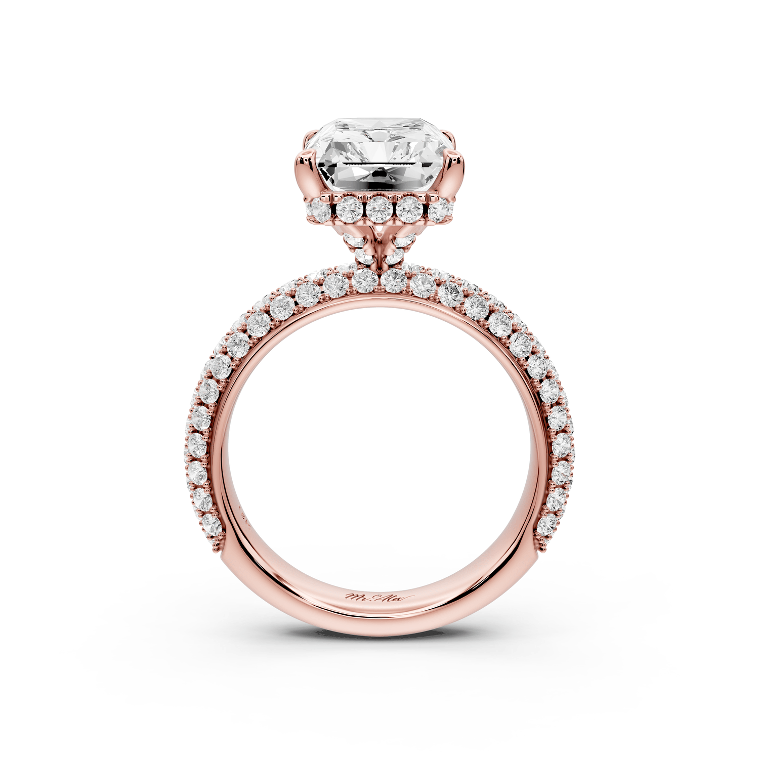 Evelina - 5ct 18k rose gold emerald wrap around Halo Rollover Pavé Diamond Crown Engagement Ring - Mr. Alex Jewelry