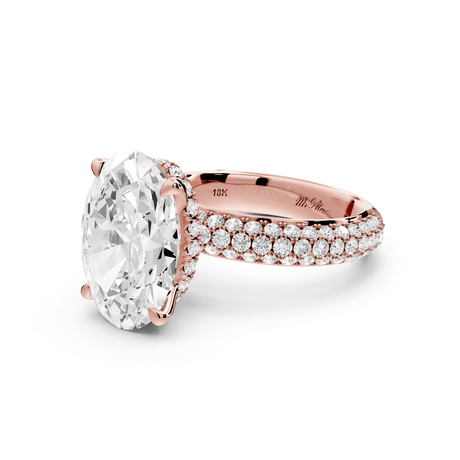 Evelina - 5ct 18k rose gold oval wrap around Halo Rollover Pavé Diamond Crown Engagement Ring - Mr. Alex Jewelry