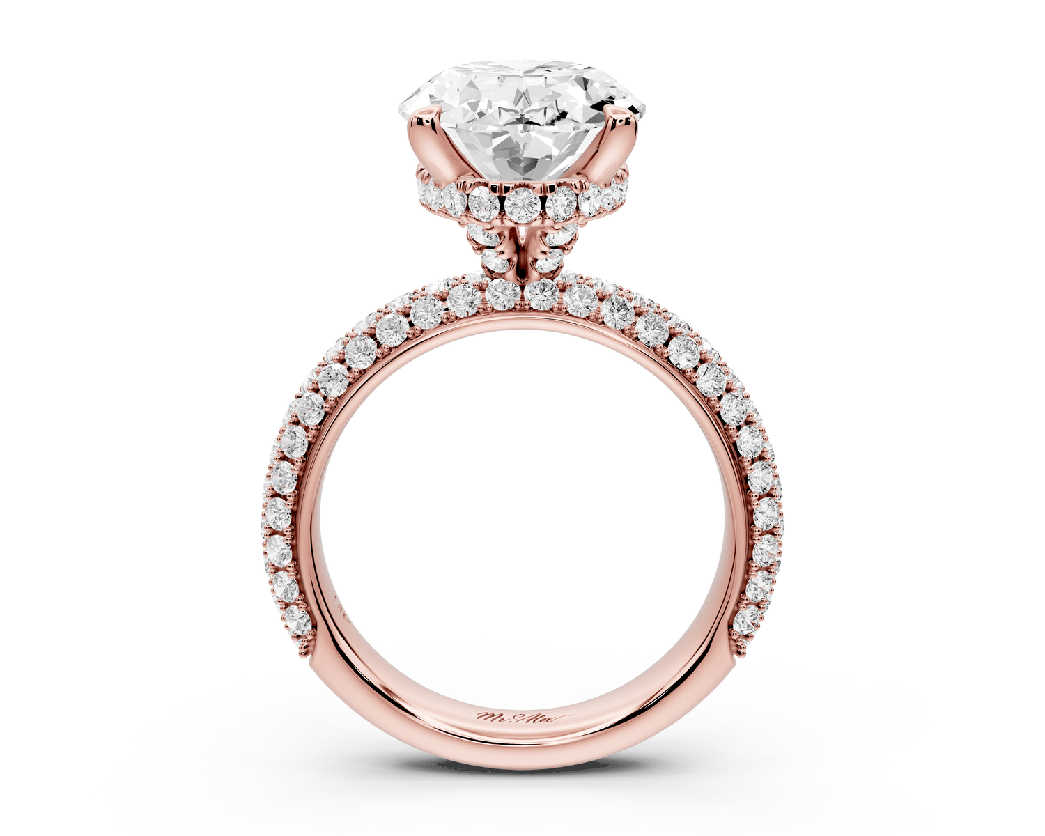 Evelina - 5ct 18k rose gold oval wrap around Halo Rollover Pavé Diamond Crown Engagement Ring - Mr. Alex Jewelry