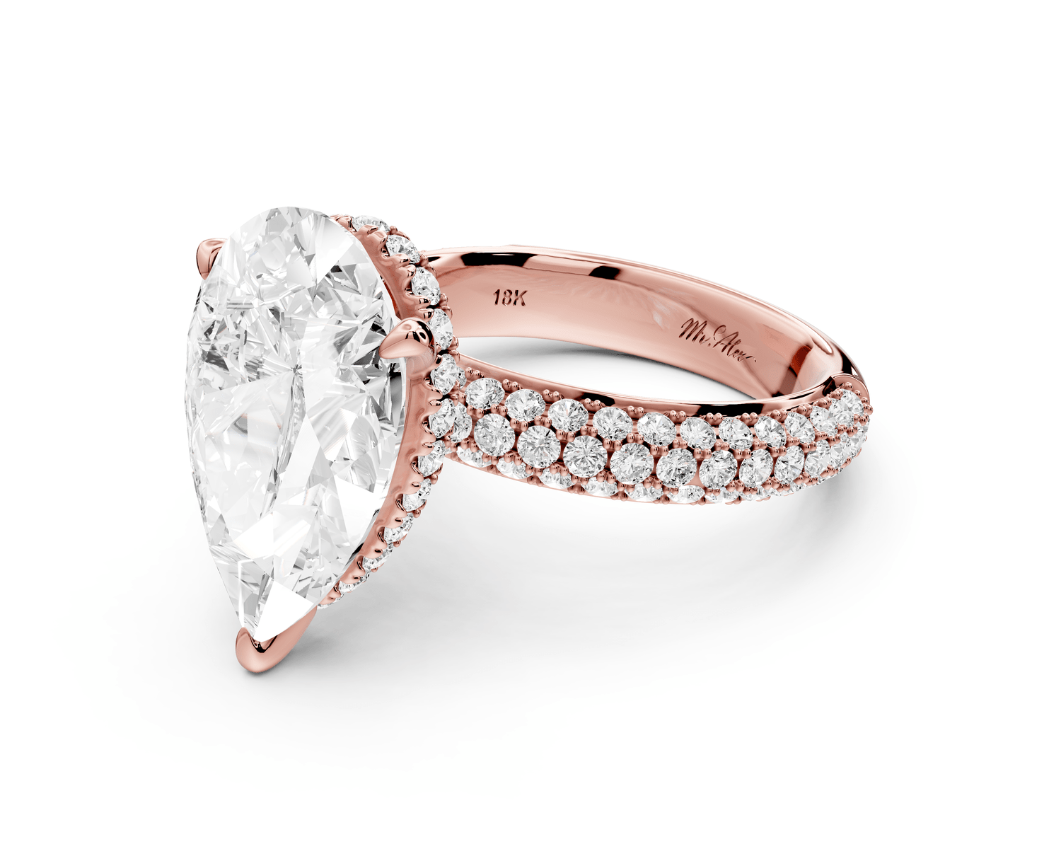 Evelina - 5ct 18k rose gold pear wrap around Halo Rollover Pavé Diamond Crown Engagement Ring - Mr. Alex Jewelry