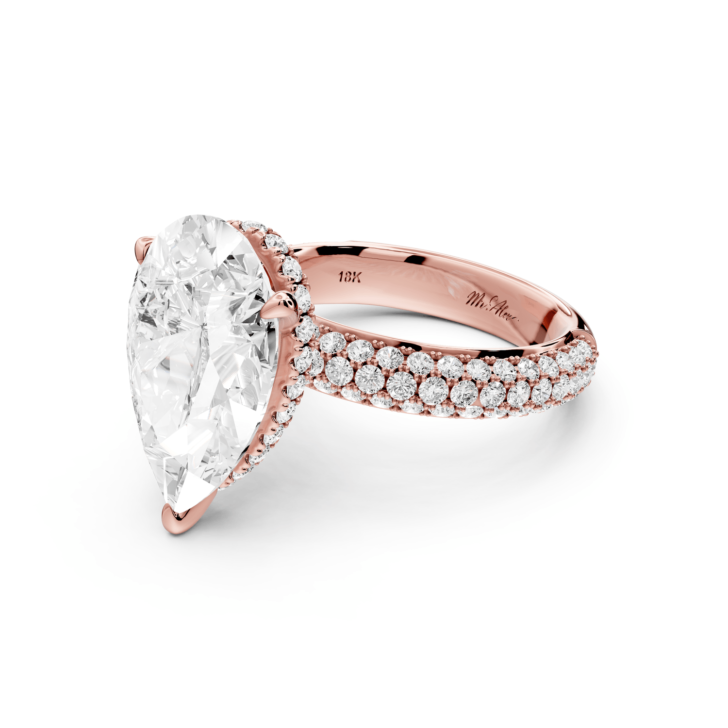 Evelina - 5ct 18k rose gold pear wrap around Halo Rollover Pavé Diamond Crown Engagement Ring - Mr. Alex Jewelry