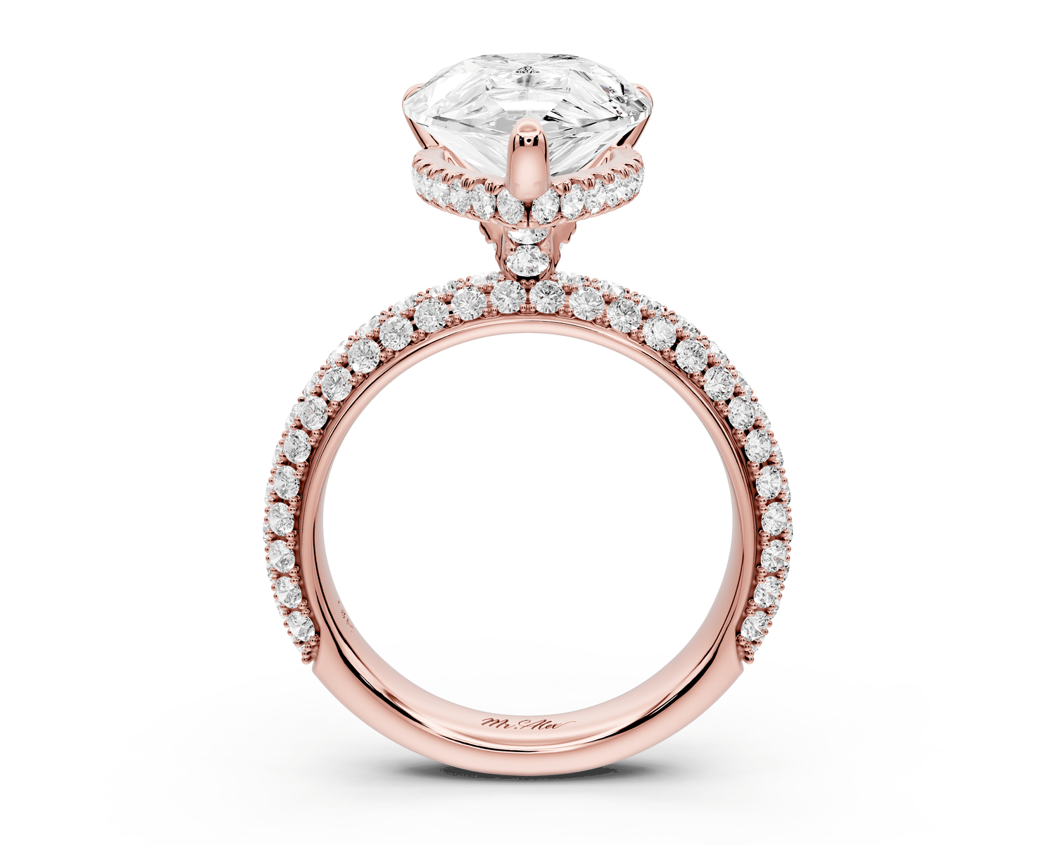 Evelina - 5ct 18k rose gold pear wrap around Halo Rollover Pavé Diamond Crown Engagement Ring - Mr. Alex Jewelry