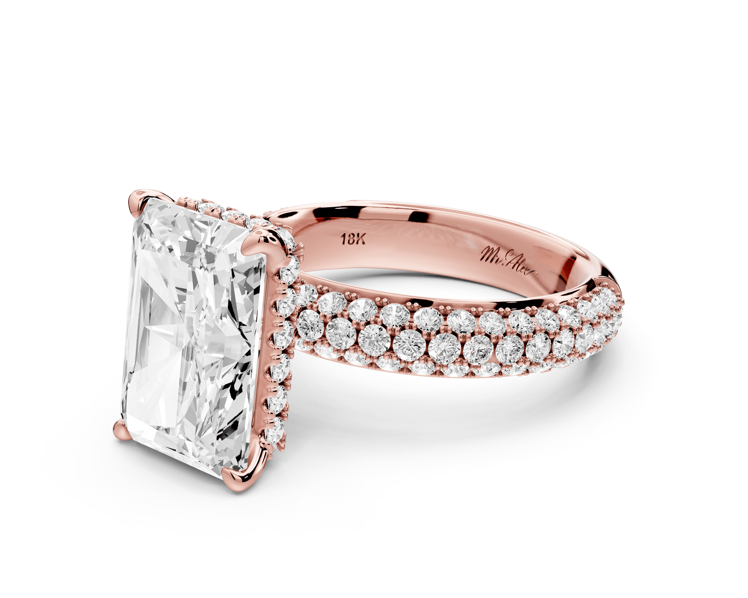 Evelina - 5ct 18k rose gold radiant wrap around Halo Rollover Pavé Diamond Crown Engagement Ring - Mr. Alex Jewelry