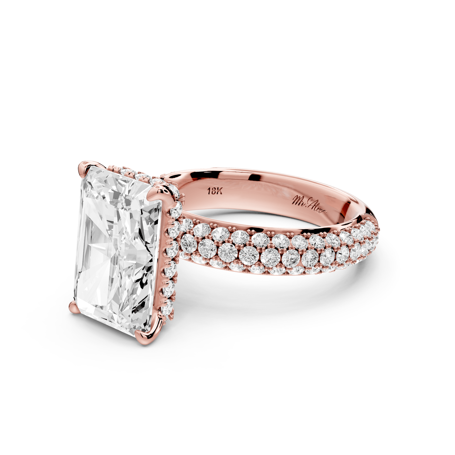 Evelina - 5ct 18k rose gold radiant wrap around Halo Rollover Pavé Diamond Crown Engagement Ring - Mr. Alex Jewelry