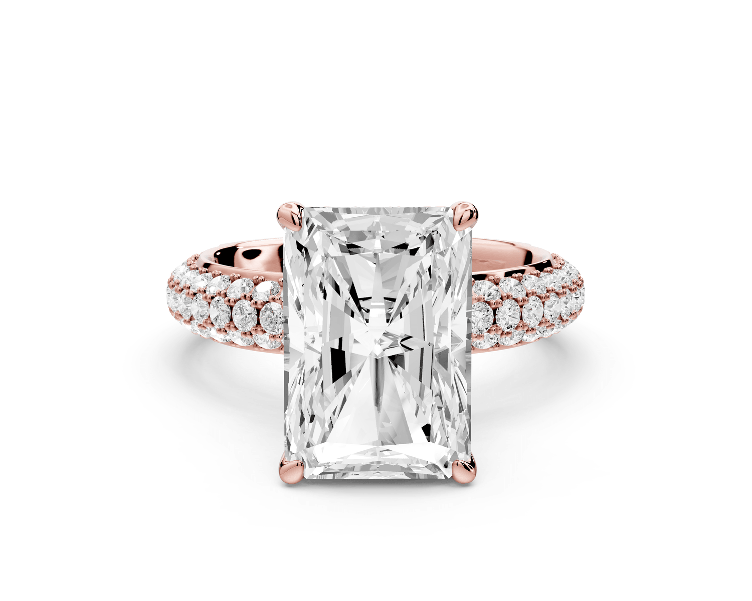 Evelina - 5ct 18k rose gold radiant wrap around Halo Rollover Pavé Diamond Crown Engagement Ring - Mr. Alex Jewelry