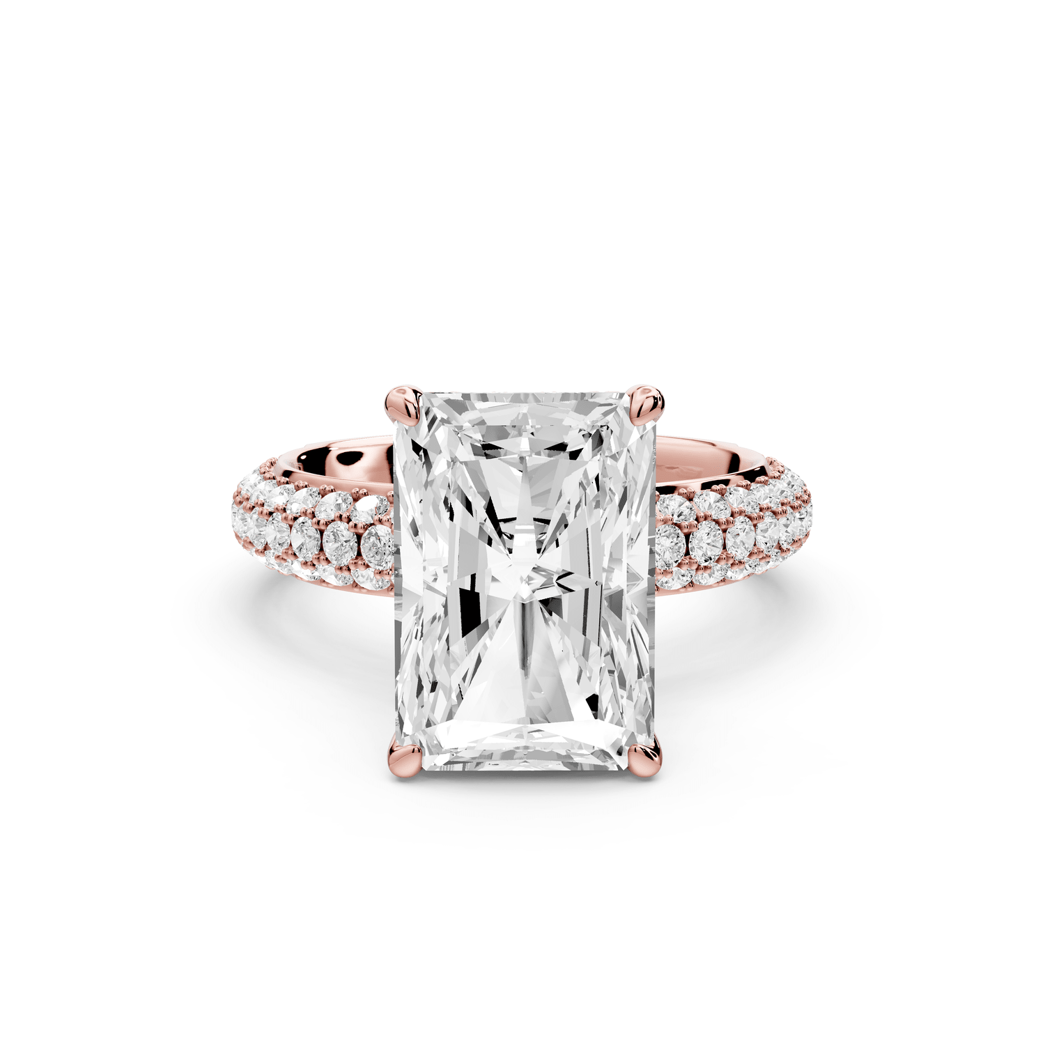 Evelina - 5ct 18k rose gold radiant wrap around Halo Rollover Pavé Diamond Crown Engagement Ring - Mr. Alex Jewelry