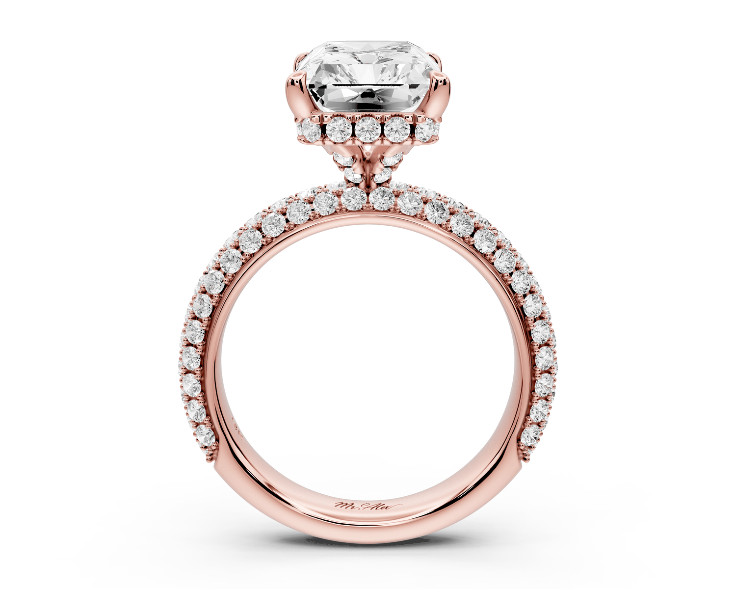 Evelina - 5ct 18k rose gold radiant wrap around Halo Rollover Pavé Diamond Crown Engagement Ring - Mr. Alex Jewelry