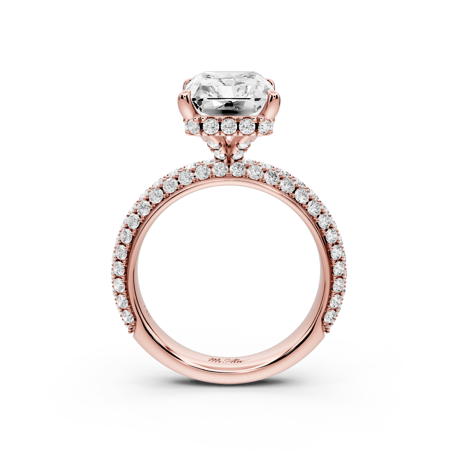Evelina - 5ct 18k rose gold radiant wrap around Halo Rollover Pavé Diamond Crown Engagement Ring - Mr. Alex Jewelry