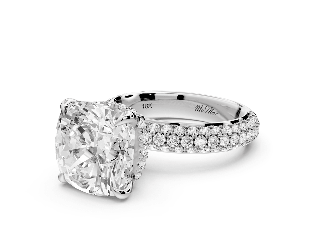 Evelina - 5ct 18k white gold cushion wrap around Halo Rollover Pavé Diamond Crown Engagement Ring - Mr. Alex Jewelry