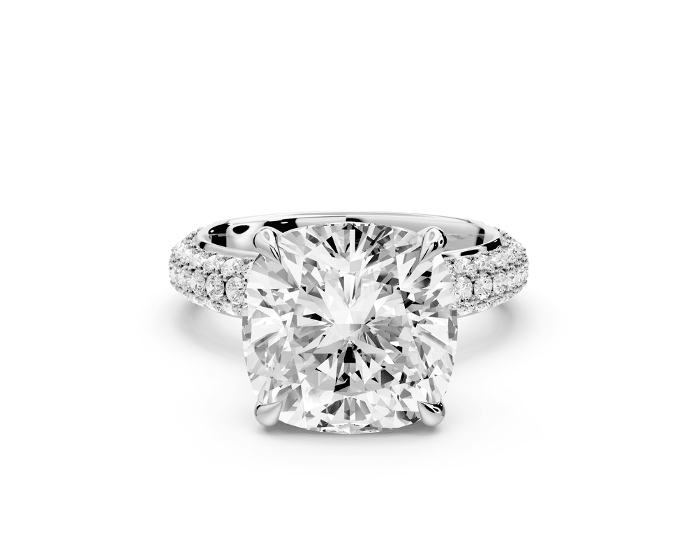 Evelina - 5ct 18k white gold cushion wrap around Halo Rollover Pavé Diamond Crown Engagement Ring - Mr. Alex Jewelry