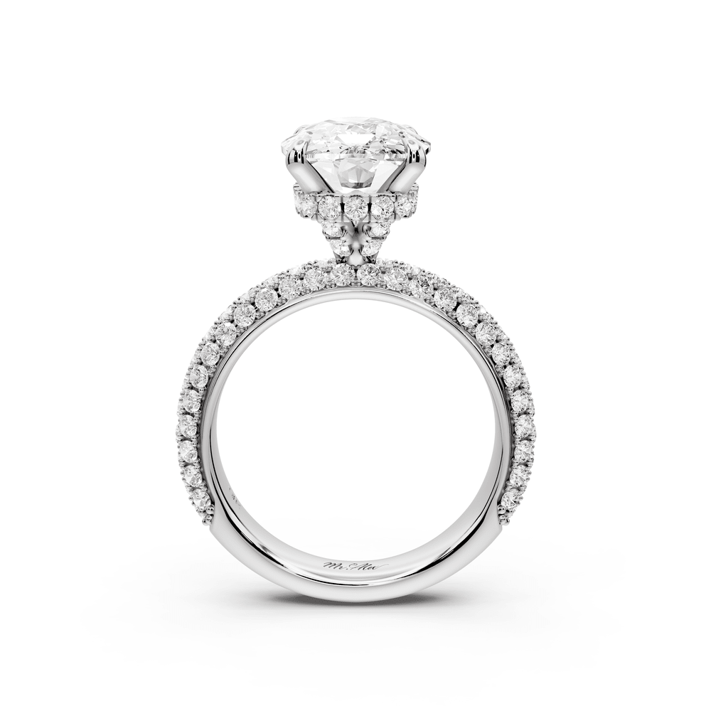 Evelina - 5ct 18k white gold ecushion wrap around Halo Rollover Pavé Diamond Crown Engagement Ring - Mr. Alex Jewelry