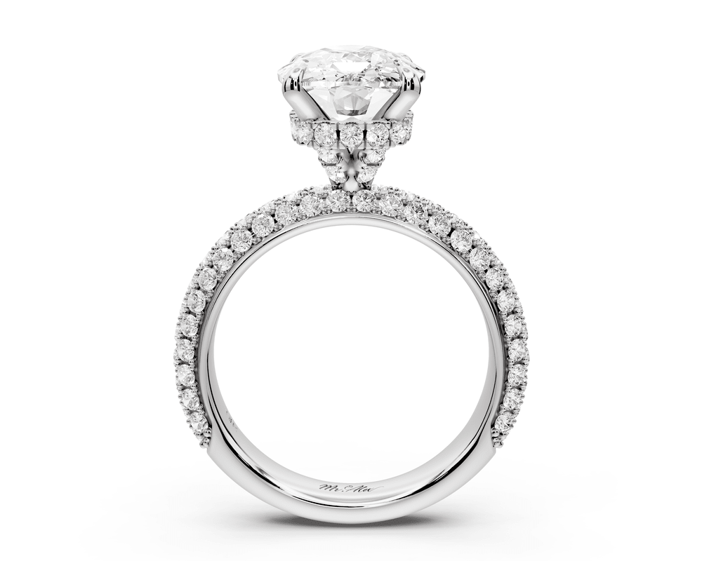 Evelina - 5ct 18k white gold ecushion wrap around Halo Rollover Pavé Diamond Crown Engagement Ring - Mr. Alex Jewelry