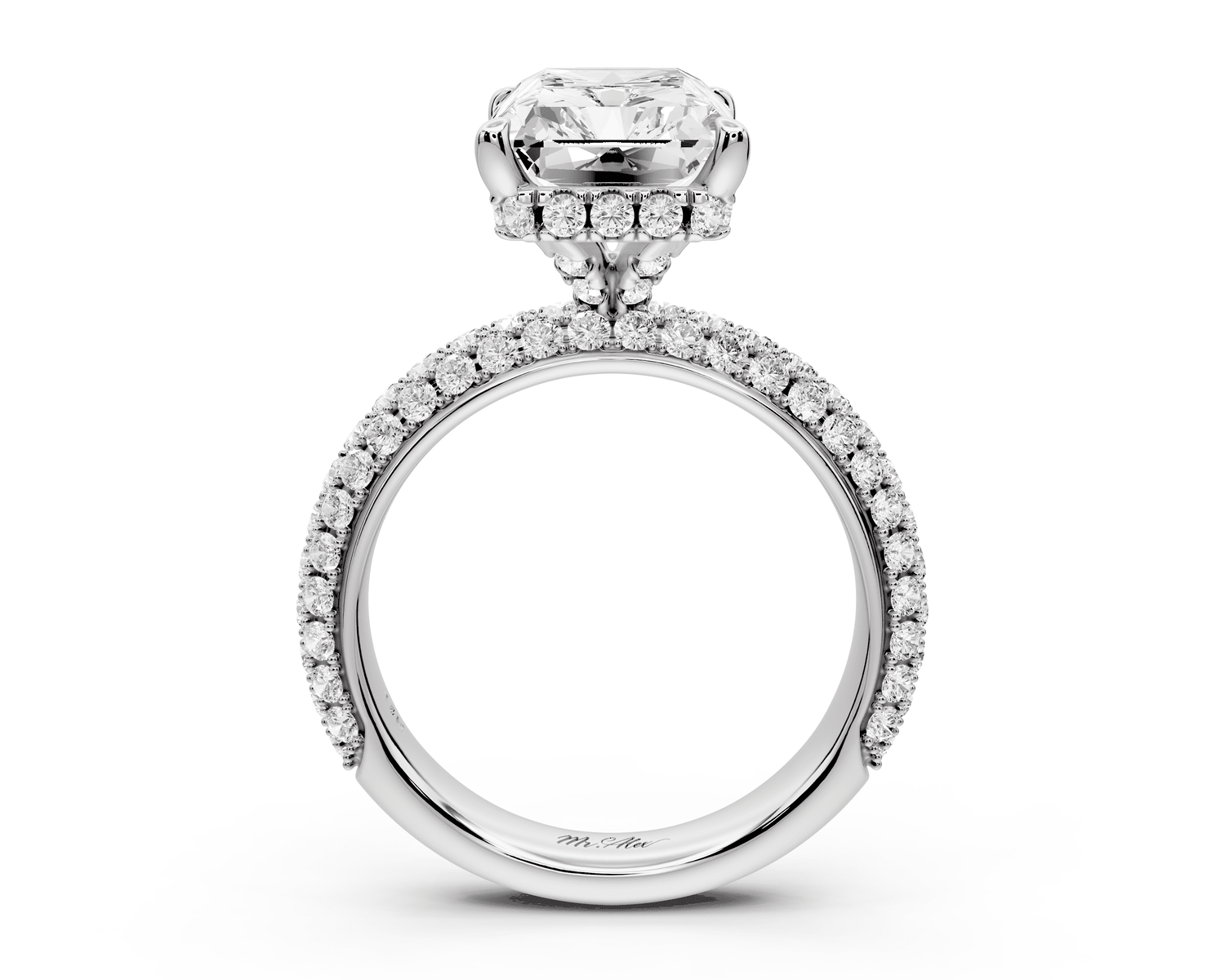 Evelina - 5ct 18k white gold emerald wrap around Halo Rollover Pavé Diamond Crown Engagement Ring - Mr. Alex Jewelry