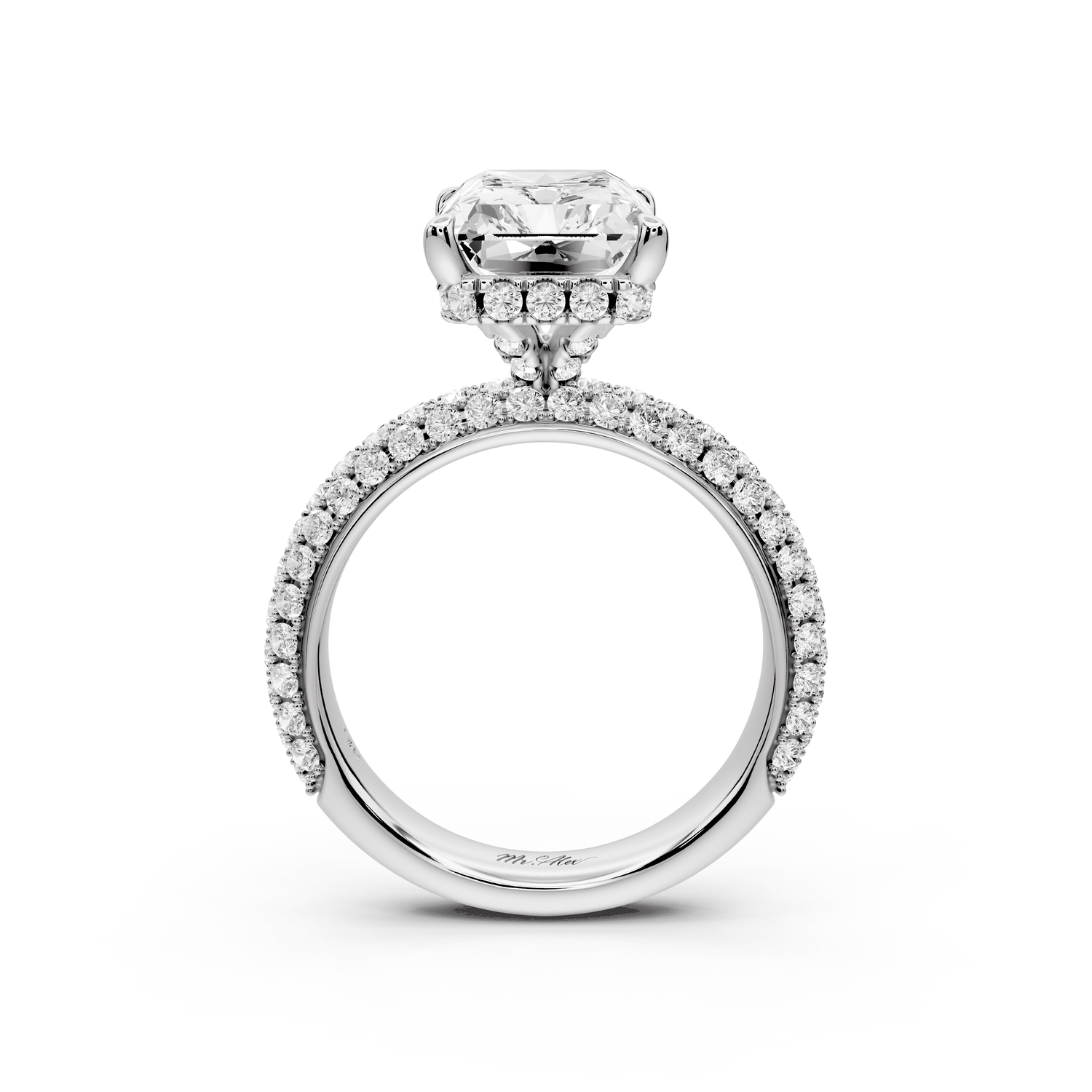 Evelina - 5ct 18k white gold emerald wrap around Halo Rollover Pavé Diamond Crown Engagement Ring - Mr. Alex Jewelry