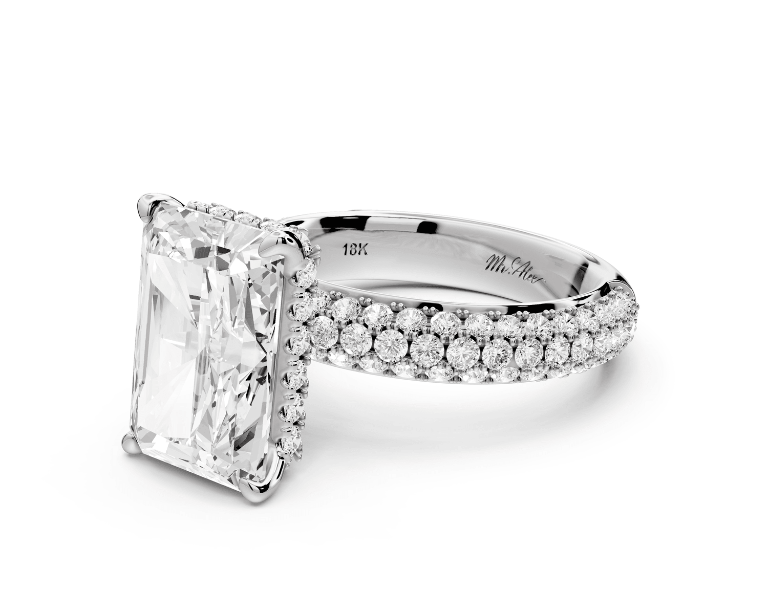 Evelina - 5ct 18k white gold emerald wrap around Halo Rollover Pavé Diamond Crown Engagement Ring - Mr. Alex Jewelry