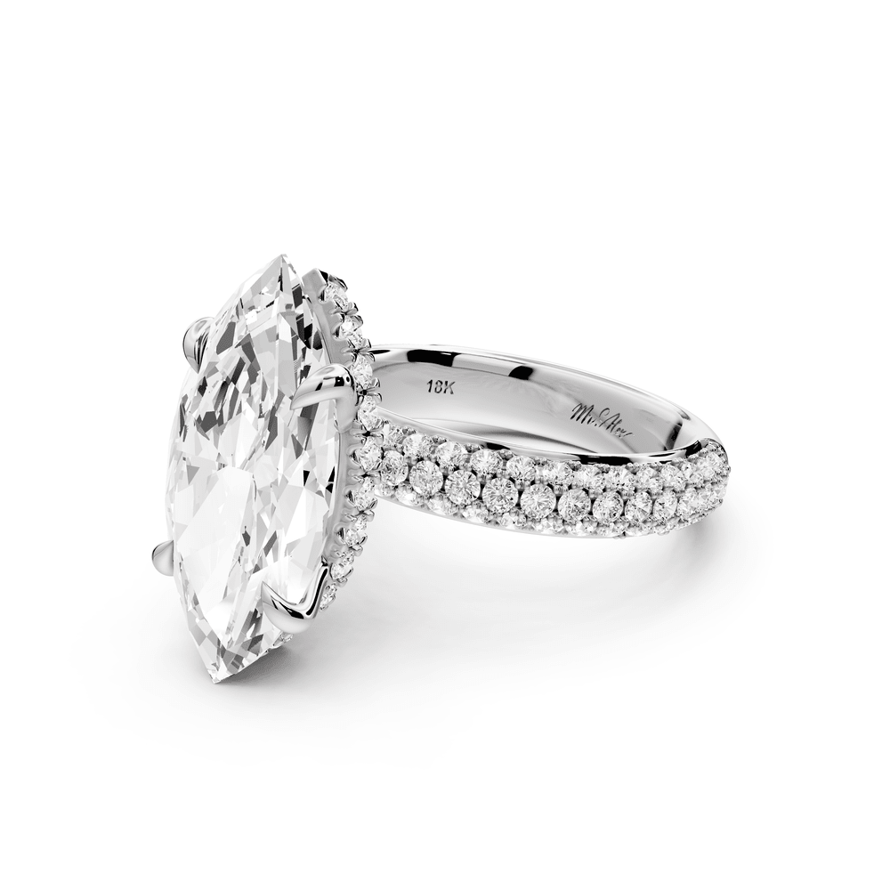 Evelina - 5ct 18k white gold marquise wrap around Halo Rollover Pavé Diamond Crown Engagement Ring - Mr. Alex Jewelry