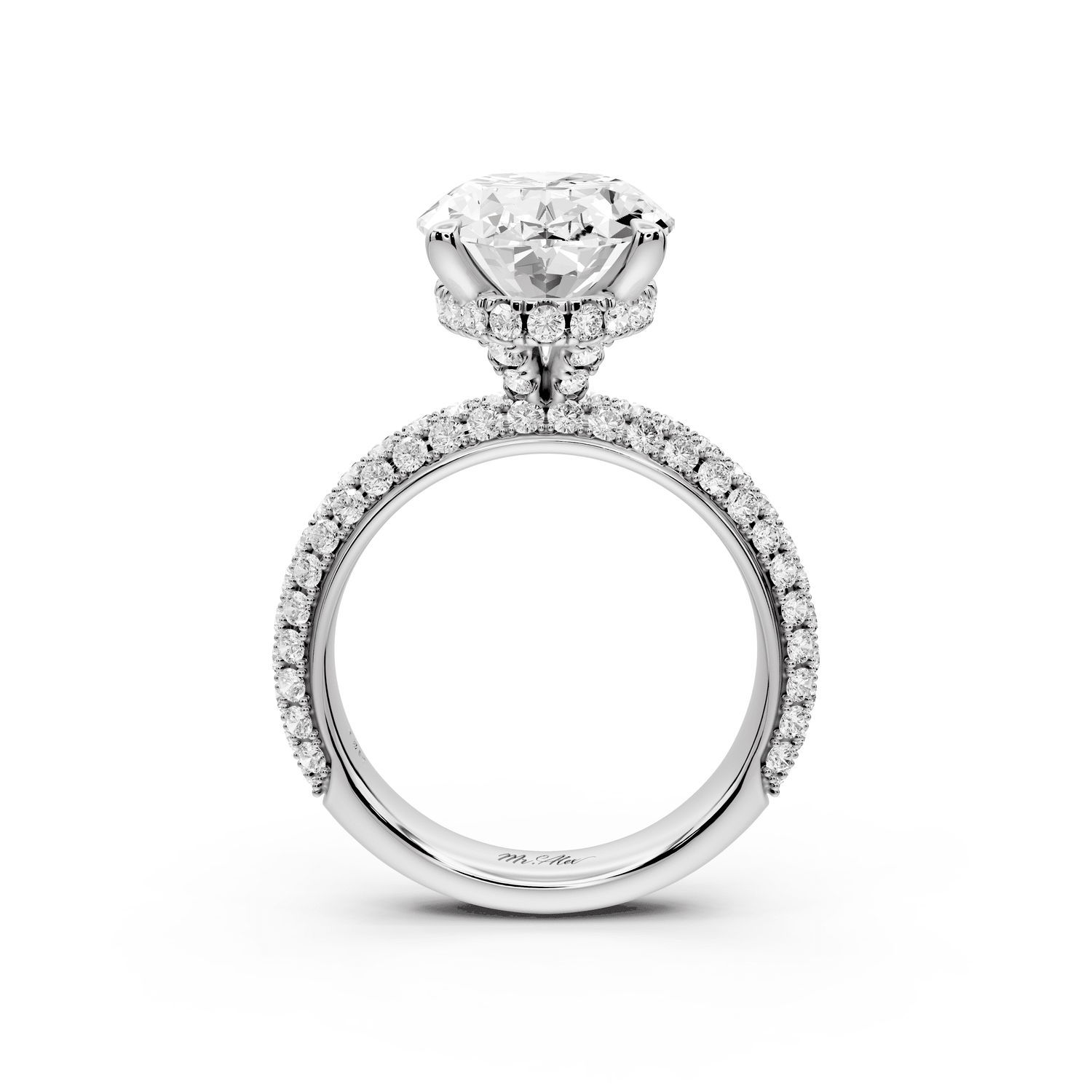 Evelina - 5ct 18k white gold oval wrap around Halo Rollover Pavé Diamond Crown Engagement Ring - Mr. Alex Jewelry