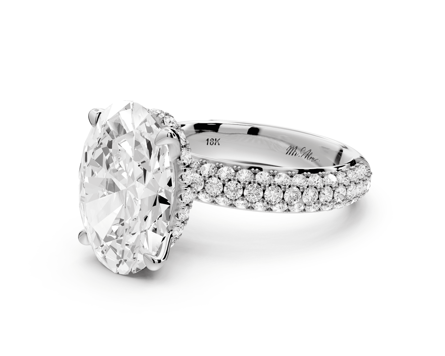 Evelina - 5ct 18k white gold oval wrap around Halo Rollover Pavé Diamond Crown Engagement Ring - Mr. Alex Jewelry
