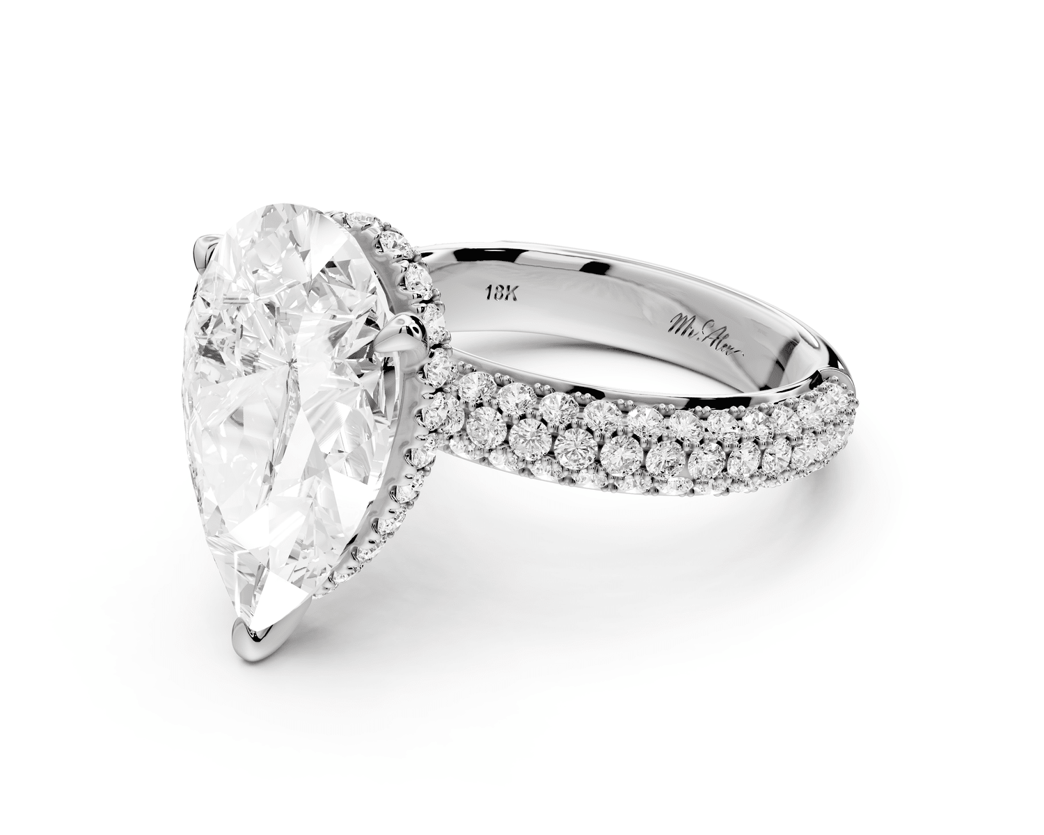 Evelina - 5ct 18k white gold pear wrap around Halo Rollover Pavé Diamond Crown Engagement Ring - Mr. Alex Jewelry