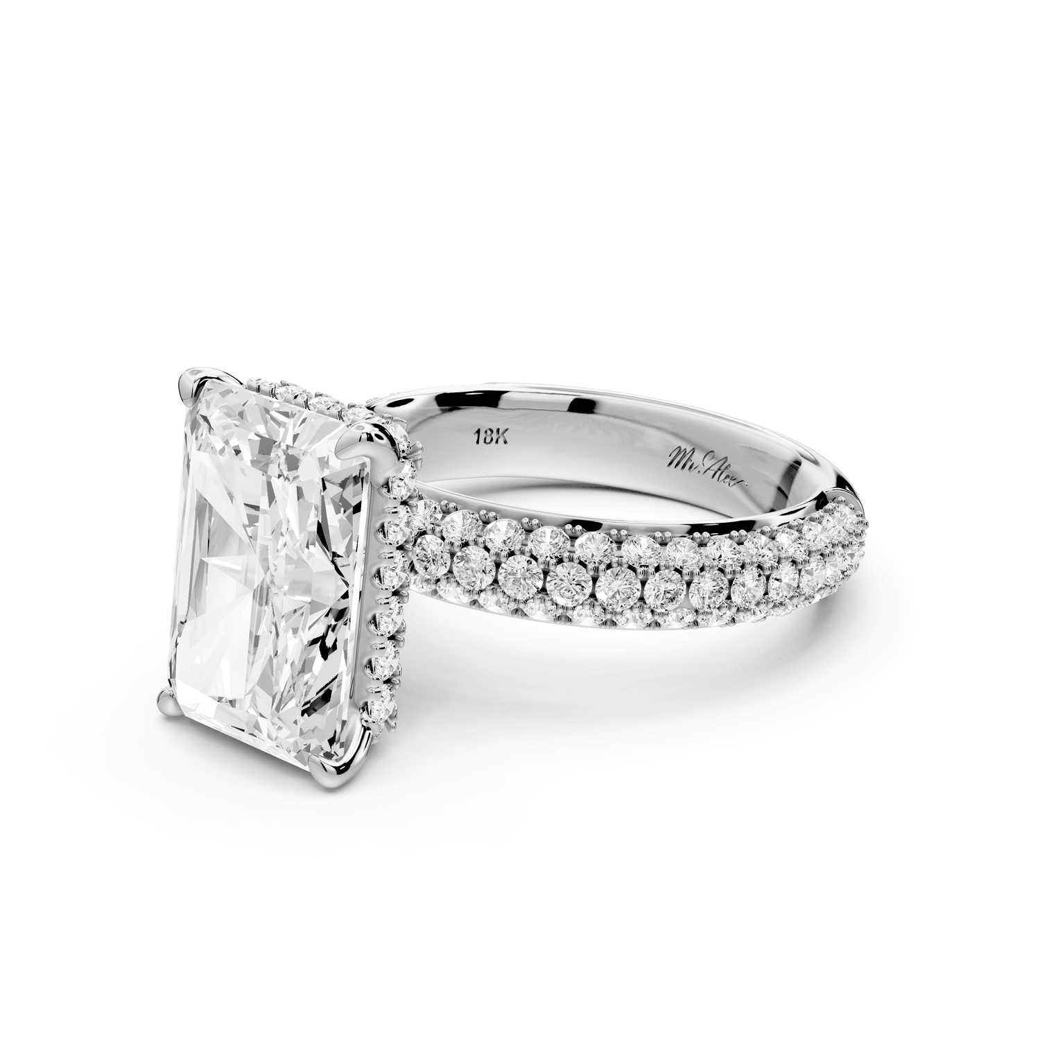 Evelina - 5ct 18k white gold radiant wrap around Halo Rollover Pavé Diamond Crown Engagement Ring - Mr. Alex Jewelry