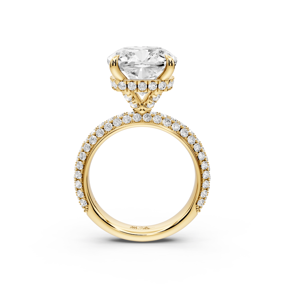 Evelina - 5ct 18k yellow gold cushion wrap around Halo Rollover Pavé Diamond Crown Engagement Ring - Mr. Alex Jewelry