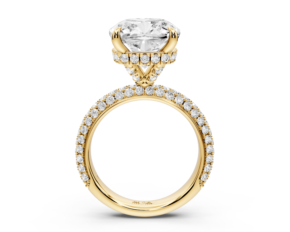 Evelina - 5ct 18k yellow gold cushion wrap around Halo Rollover Pavé Diamond Crown Engagement Ring - Mr. Alex Jewelry