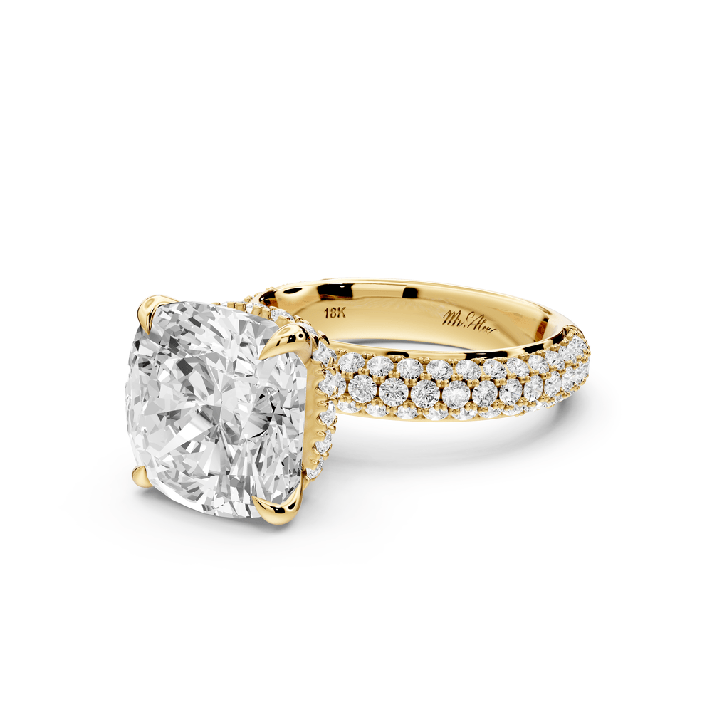 Evelina - 5ct 18k yellow gold cushion wrap around Halo Rollover Pavé Diamond Crown Engagement Ring - Mr. Alex Jewelry