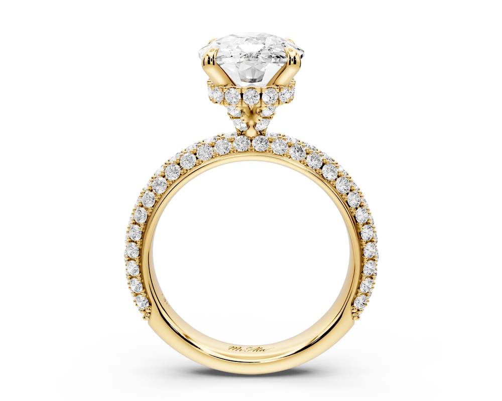 Evelina - 5ct 18k yellow gold ecushion wrap around Halo Rollover Pavé Diamond Crown Engagement Ring - Mr. Alex Jewelry